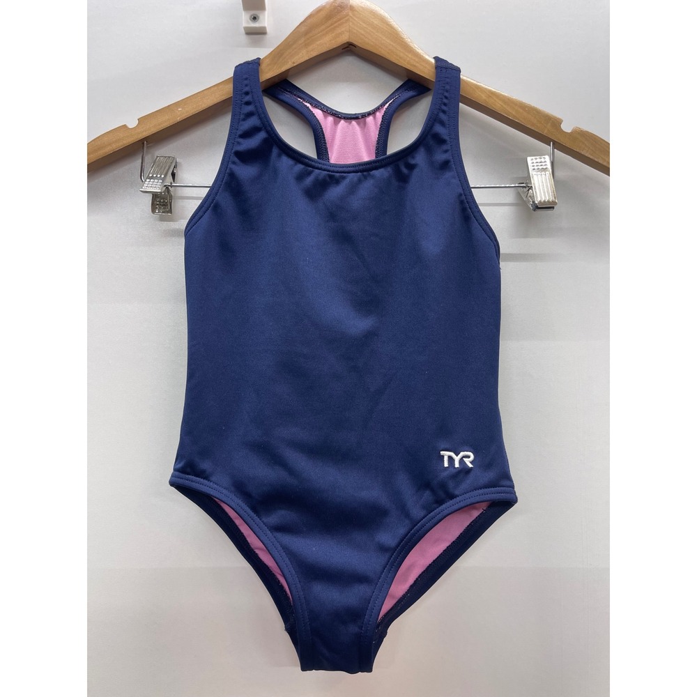 TYR Girls Navy Blue Pink Racerback One Piece Swimsuit Size S 6 6X Athletic Swim